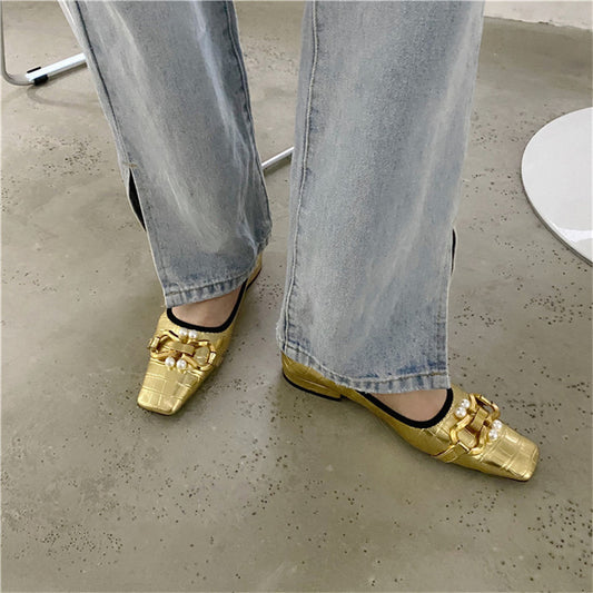 Square Toe Flat Shoes With Soft Sole And Pearl Metal Buckle