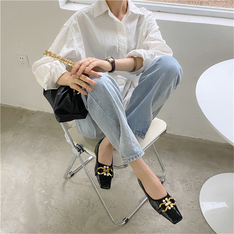 Square Toe Flat Shoes With Soft Sole And Pearl Metal Buckle
