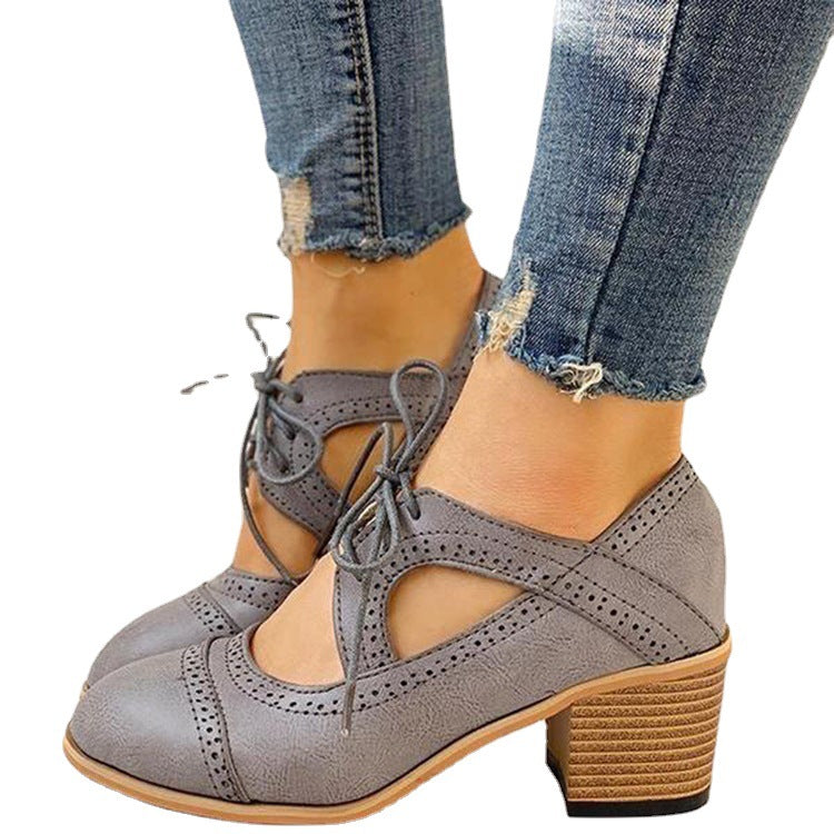 Foreign Trade Plus Size 43 Women's Shoes Summer New European And American Retro Round Toe Thick Heel Hollow Single Shoes Women's Shoes Spot 43