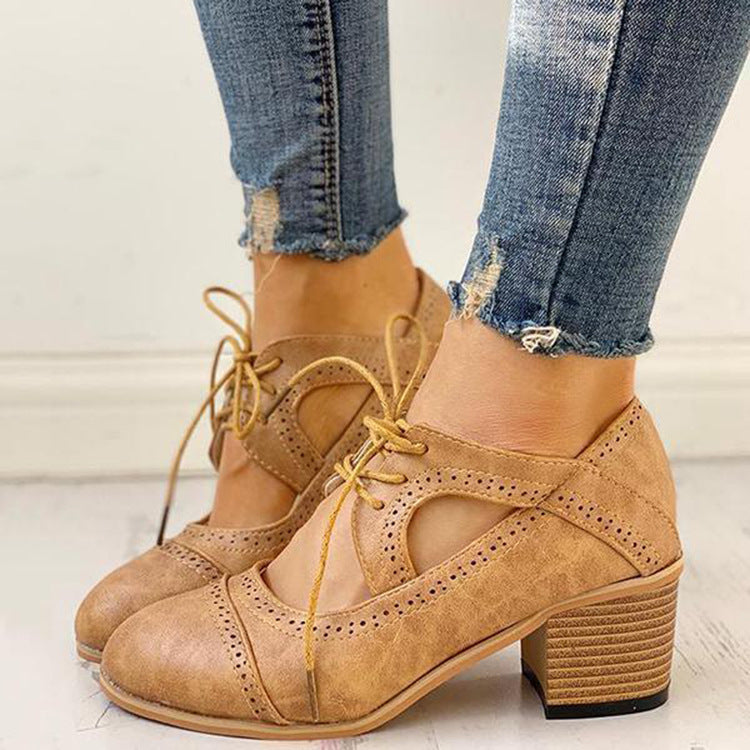 Foreign Trade Plus Size 43 Women's Shoes Summer New European And American Retro Round Toe Thick Heel Hollow Single Shoes Women's Shoes Spot 43