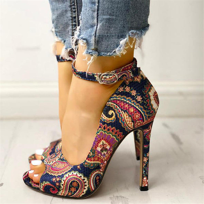 Fish Head Design High Stiletto Heel Buckle Strap Ladies Plus Size Sandals