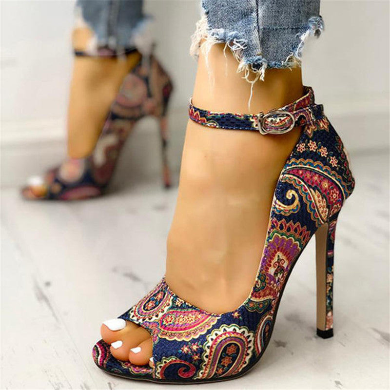 Fish Head Design High Stiletto Heel Buckle Strap Ladies Plus Size Sandals