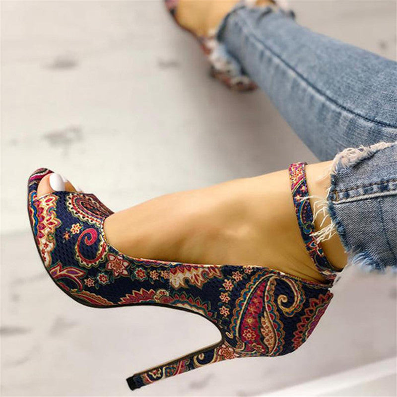 Fish Head Design High Stiletto Heel Buckle Strap Ladies Plus Size Sandals
