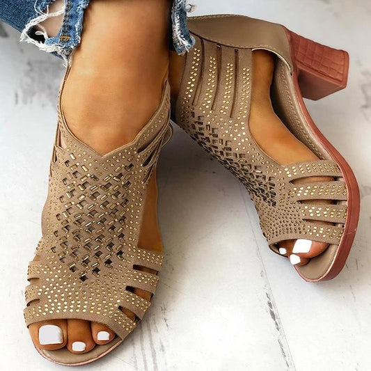 Rhinestone Women's Shoes Fish Mouth Fashion High Heels Thick Heel Roman Sandals