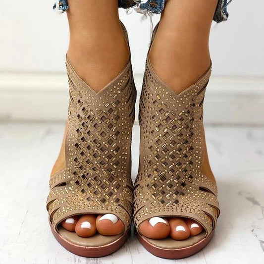 Rhinestone Women's Shoes Fish Mouth Fashion High Heels Thick Heel Roman Sandals
