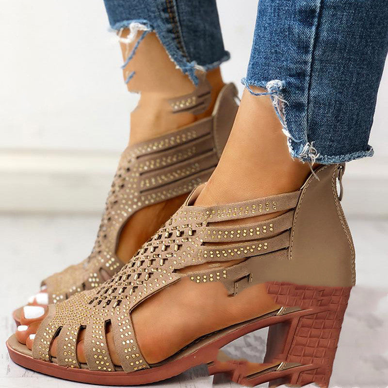 Rhinestone Women's Shoes Fish Mouth Fashion High Heels Thick Heel Roman Sandals