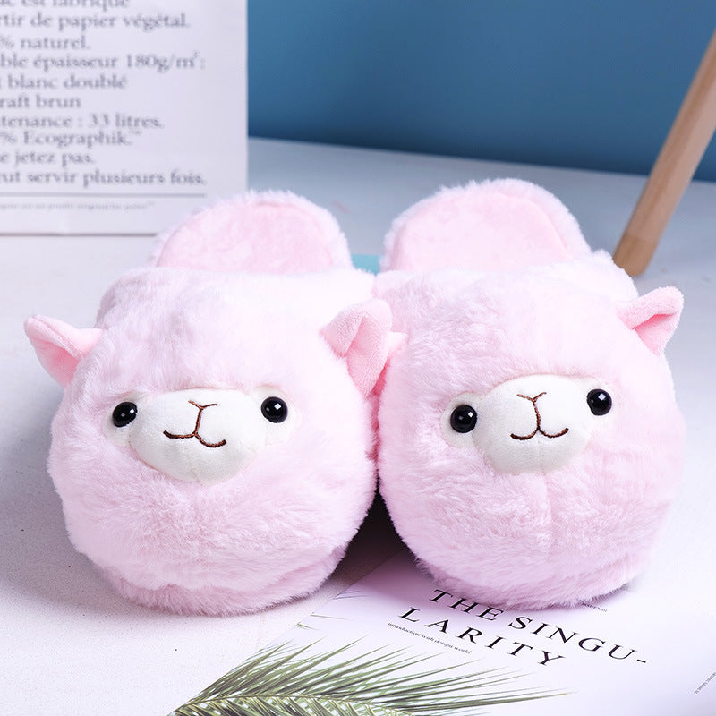 Cartoon Rainbow Alpaca Rabbit Plush Cotton Slippers Autumn And Winter Home Warm Floor Shoes Indoor Non-Slip Shoes For Girls