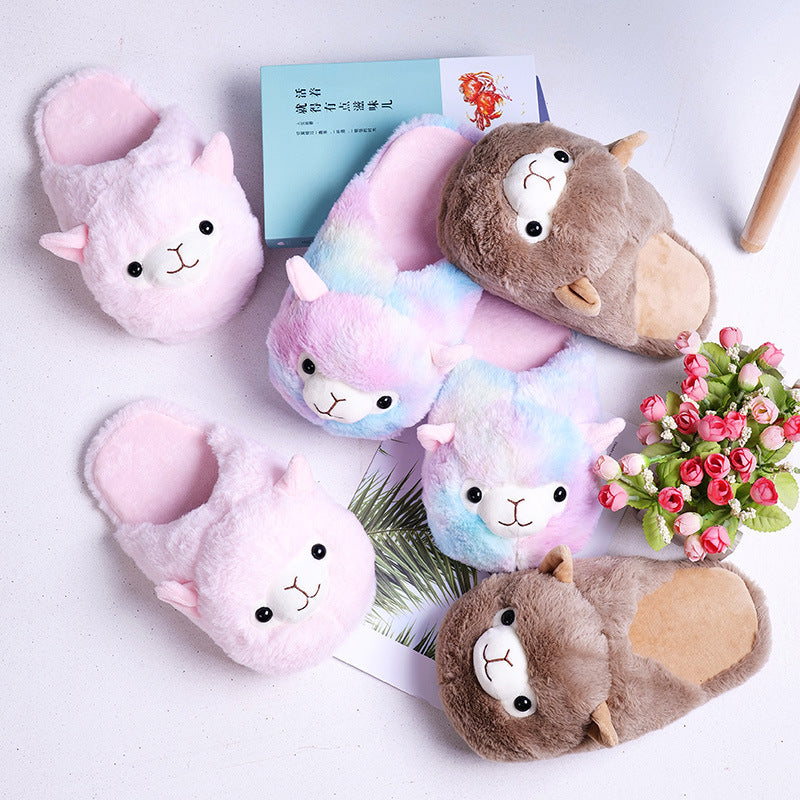 Cartoon Rainbow Alpaca Rabbit Plush Cotton Slippers Autumn And Winter Home Warm Floor Shoes Indoor Non-Slip Shoes For Girls
