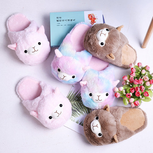 Cartoon Rainbow Alpaca Rabbit Plush Cotton Slippers Autumn And Winter Home Warm Floor Shoes Indoor Non-Slip Shoes For Girls
