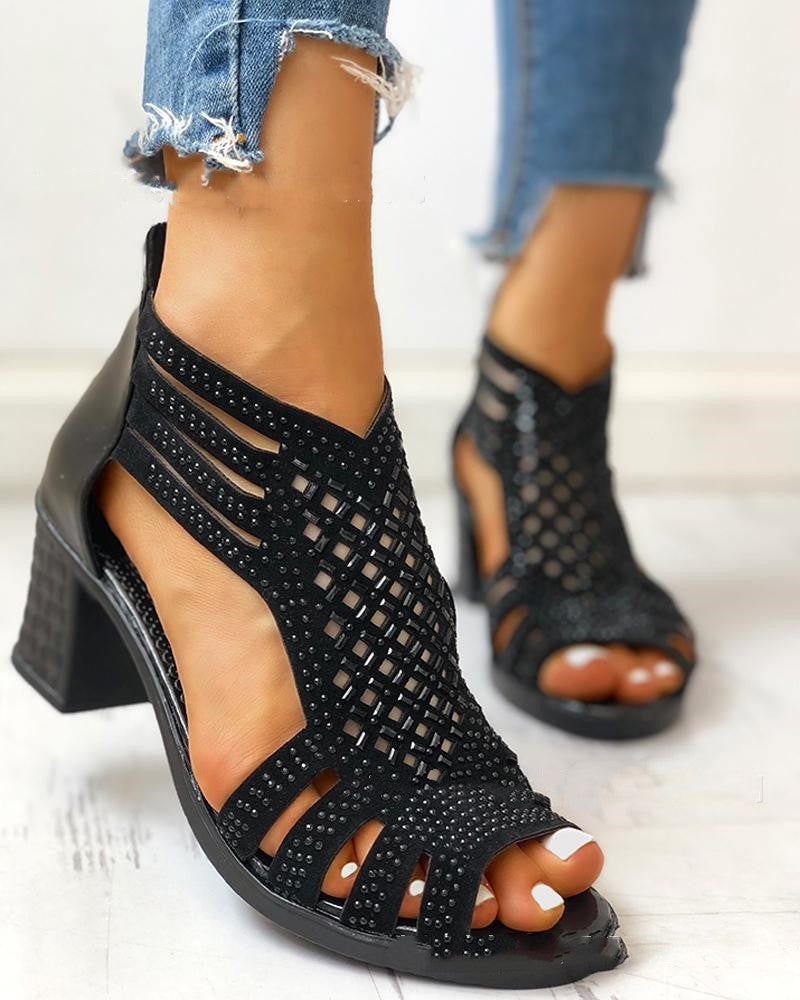 Rhinestone Women's Shoes Fish Mouth Fashion High Heels Thick Heel Roman Sandals