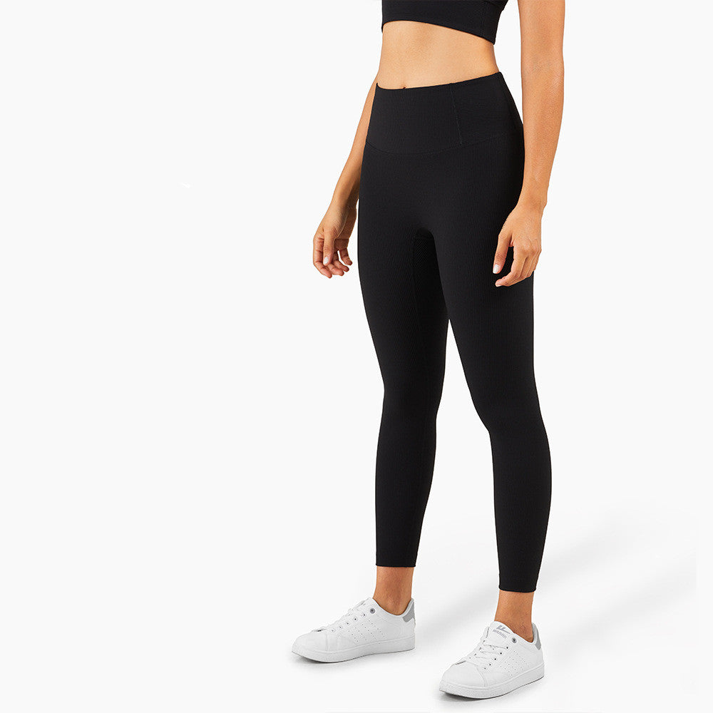 New European And American Ribbed Nude Fitness Yoga Pants High Waist Waistline Stitching Thin Peach Sports Tights