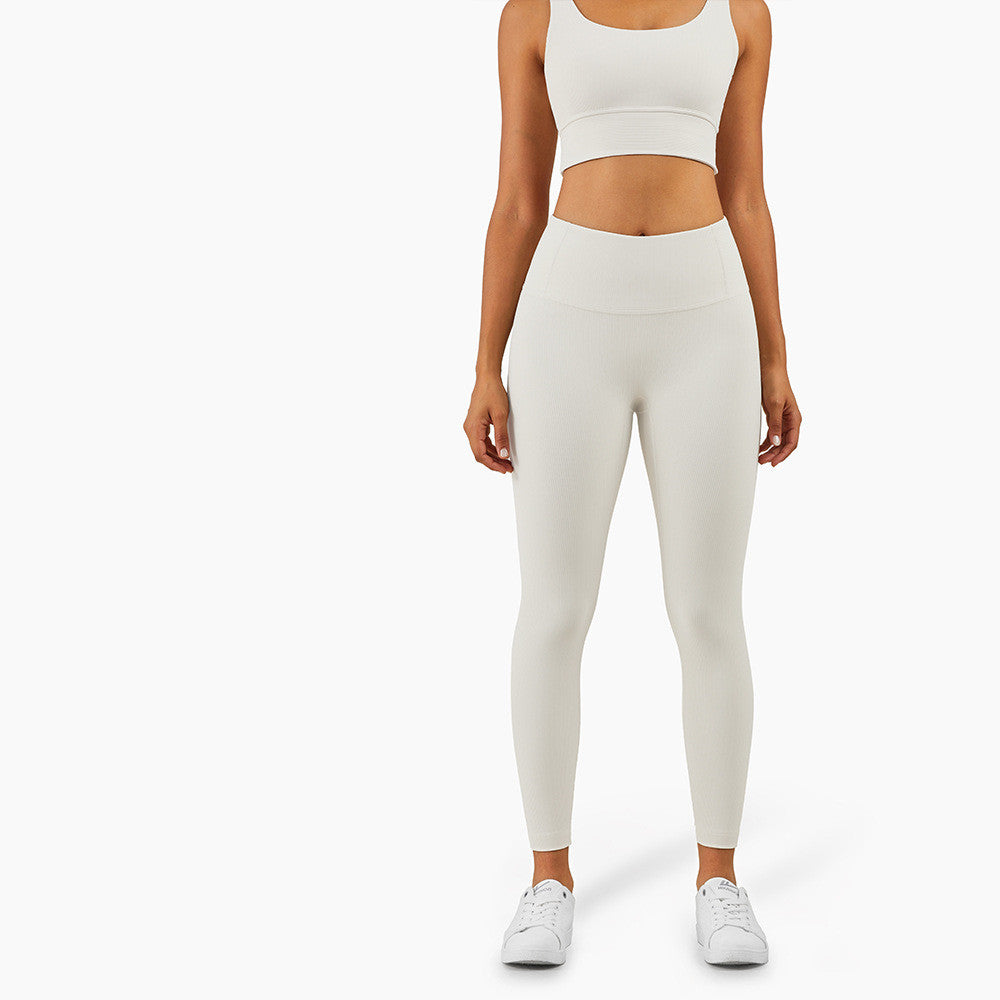 New European And American Ribbed Nude Fitness Yoga Pants High Waist Waistline Stitching Thin Peach Sports Tights