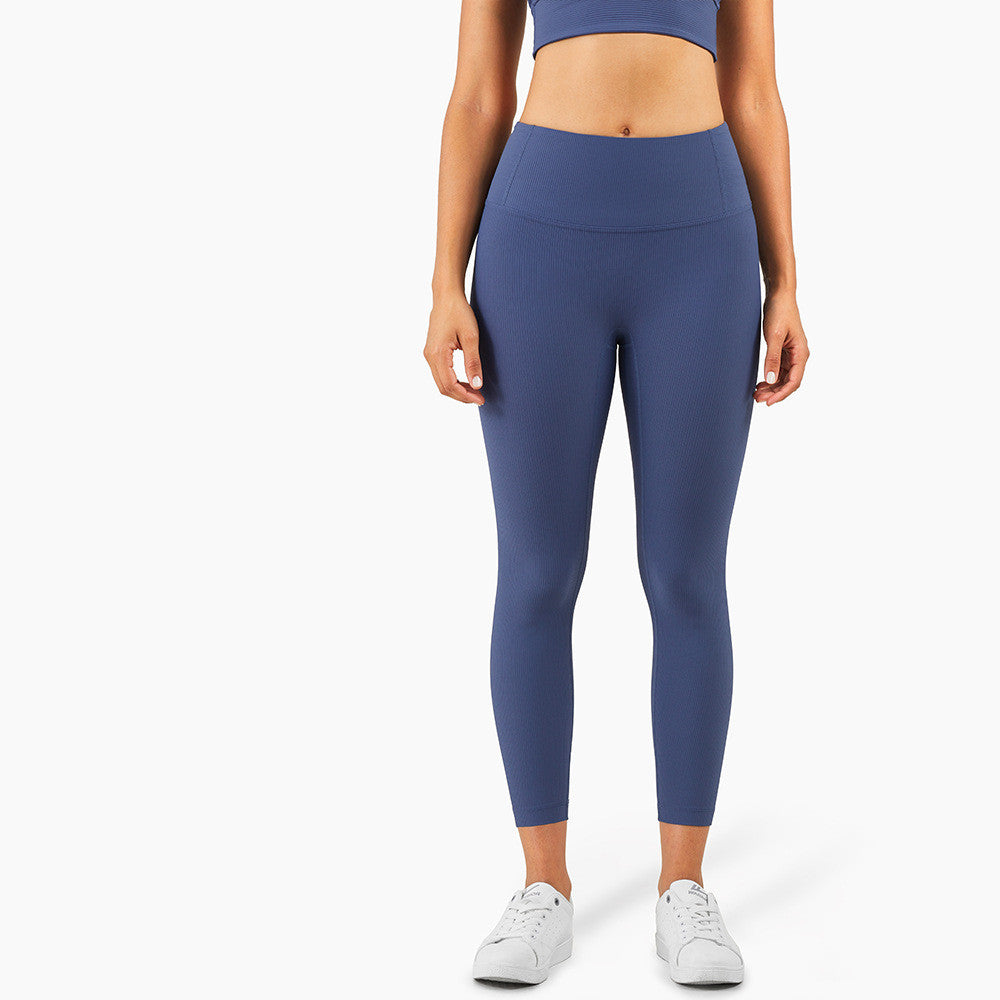 New European And American Ribbed Nude Fitness Yoga Pants High Waist Waistline Stitching Thin Peach Sports Tights