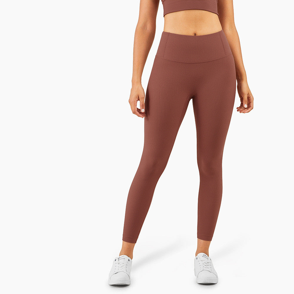 New European And American Ribbed Nude Fitness Yoga Pants High Waist Waistline Stitching Thin Peach Sports Tights