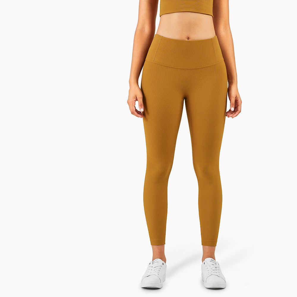 New European And American Ribbed Nude Fitness Yoga Pants High Waist Waistline Stitching Thin Peach Sports Tights