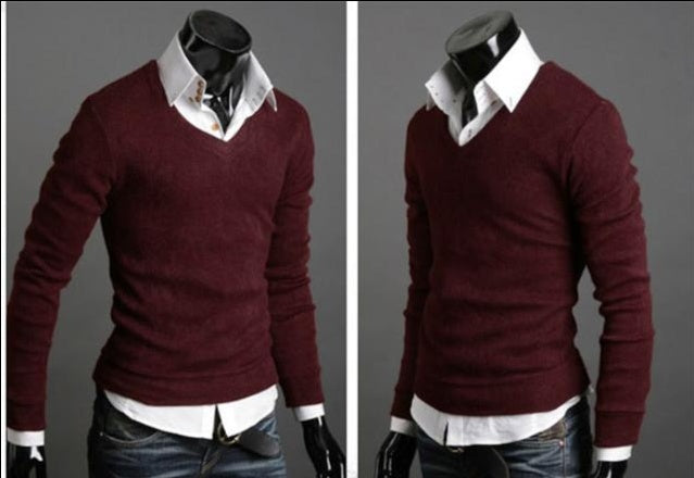 Spring And Autumn Foreign Trade Men'S Clothing New Style British Retro Style Self-Cultivation Sweater Men'S V-Neck Bottoming Shirt