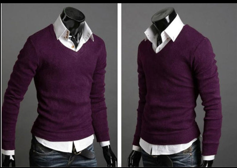 Spring And Autumn Foreign Trade Men'S Clothing New Style British Retro Style Self-Cultivation Sweater Men'S V-Neck Bottoming Shirt