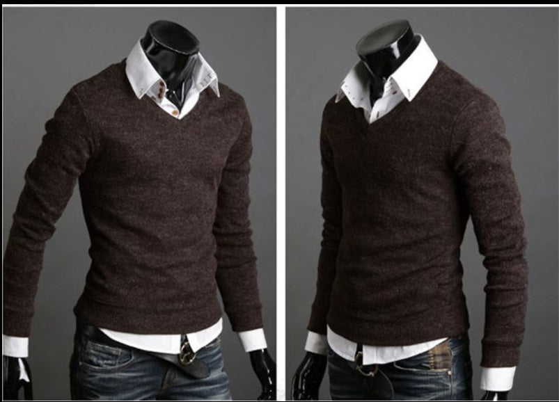 Spring And Autumn Foreign Trade Men'S Clothing New Style British Retro Style Self-Cultivation Sweater Men'S V-Neck Bottoming Shirt