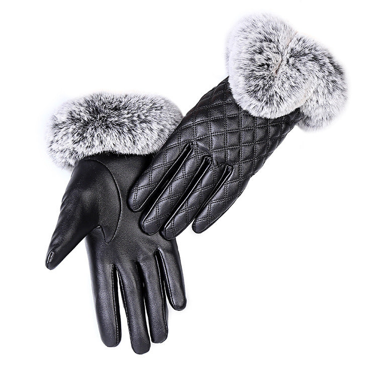 Ladies Fur Ball Pu Gloves Winter Plus Velvet Cute Gloves Touch Screen Touch Warm Gloves Factory Direct Sales
