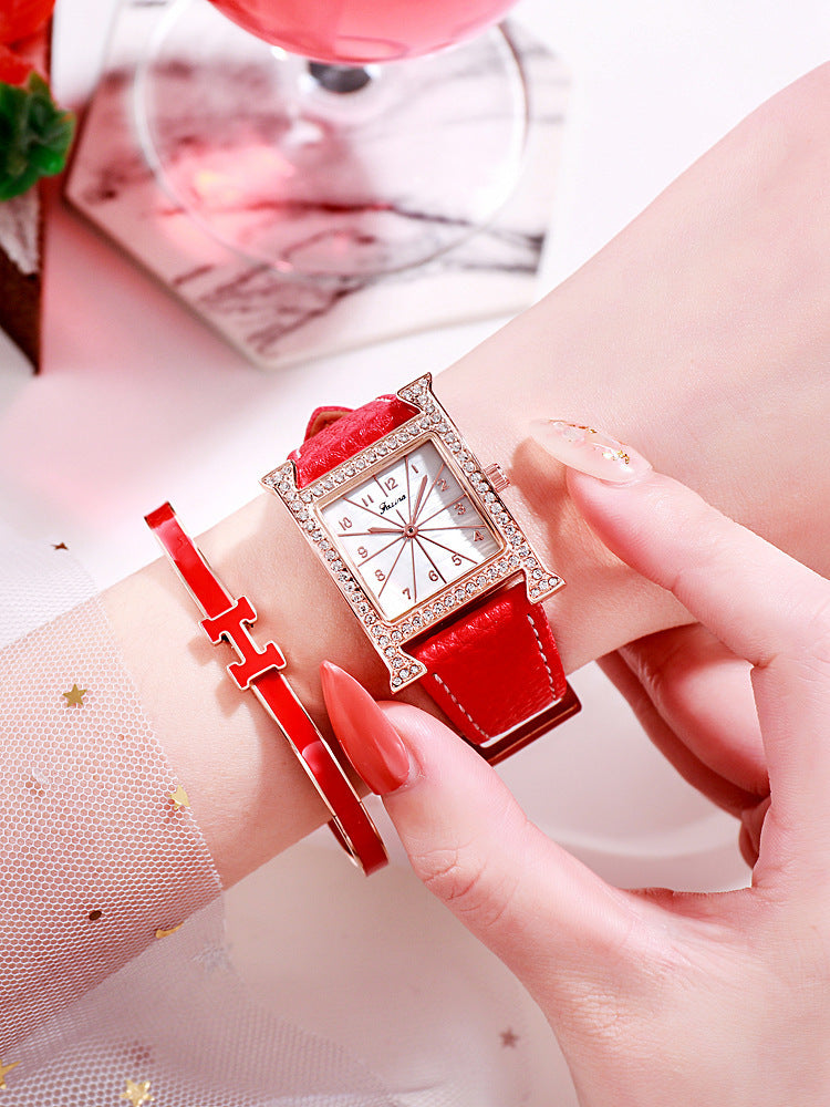 Faqina Vibrato Sonic Boom Foreign Trade Cross-Border Square Ladies Watch Set Student Waterproof Quartz Watch Watch