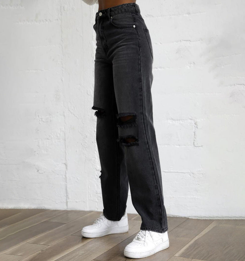 Women's Denim Pants With Ripped Holes