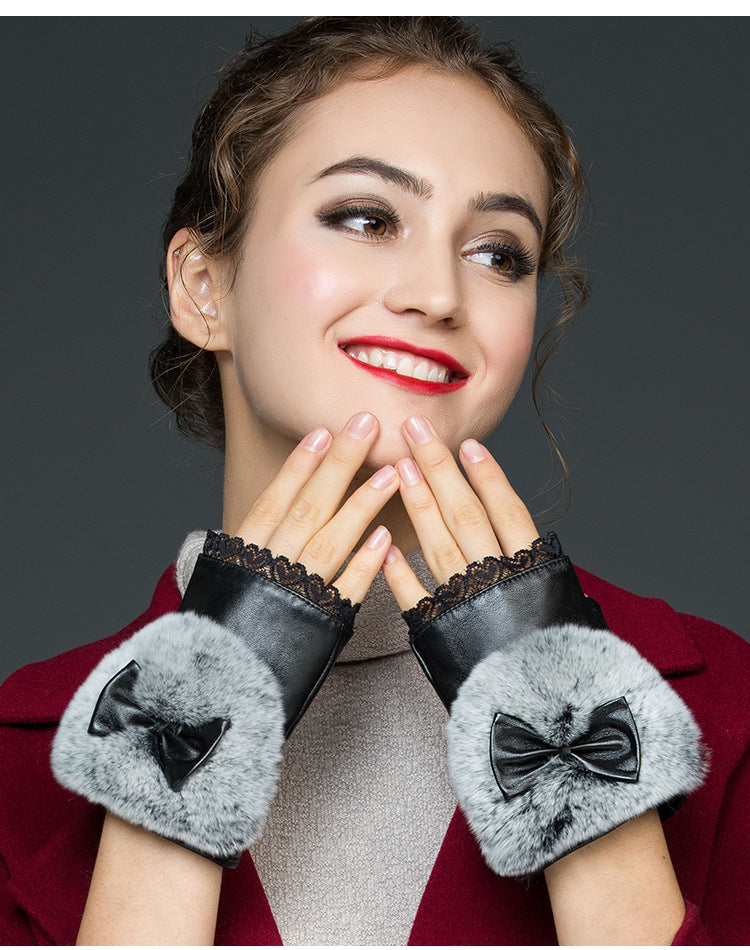Genuine Leather Half-Finger Gloves Women'S Autumn And Winter Warm Sheepskin Rex Rabbit Fur Mouth Writing And Computer Student Gloves