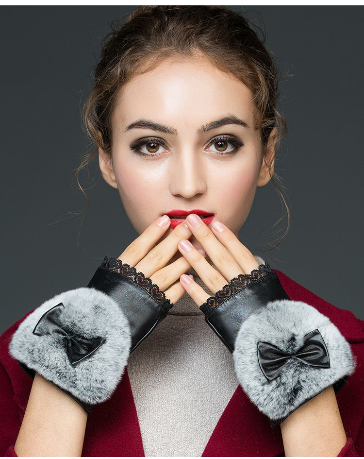 Genuine Leather Half-Finger Gloves Women'S Autumn And Winter Warm Sheepskin Rex Rabbit Fur Mouth Writing And Computer Student Gloves