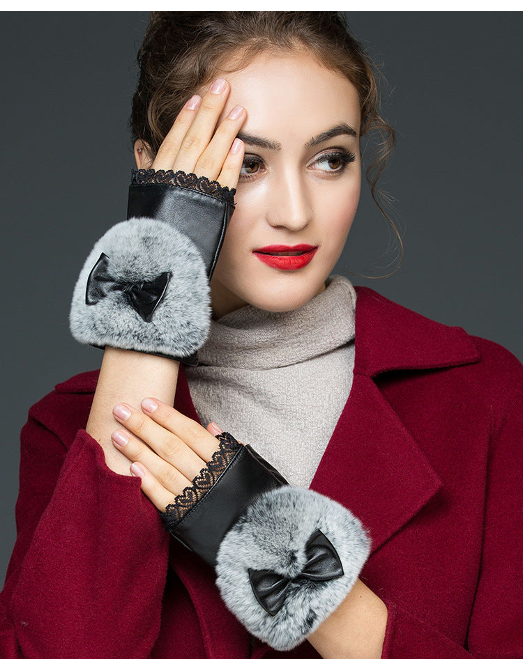 Genuine Leather Half-Finger Gloves Women'S Autumn And Winter Warm Sheepskin Rex Rabbit Fur Mouth Writing And Computer Student Gloves