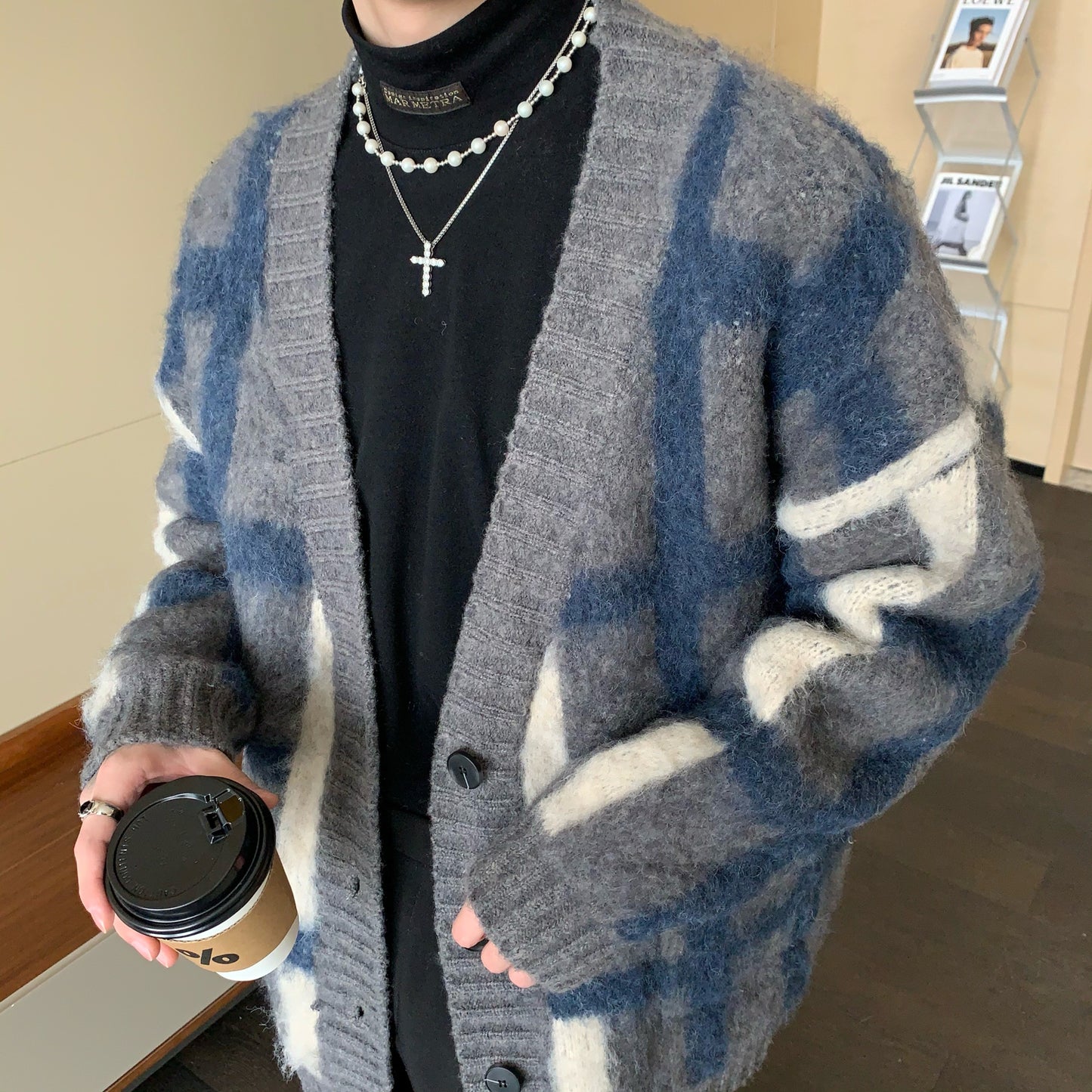 Korean Style Plaid Mmohair Knitted Sweater Men's Jacket Sweater