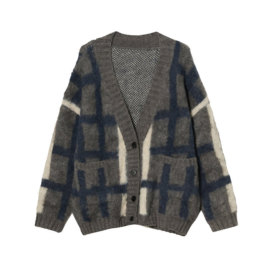 Korean Style Plaid Mmohair Knitted Sweater Men's Jacket Sweater