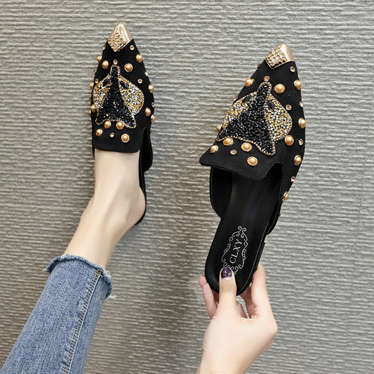 Outer Wear Baotou Half Drag Women'S Shoes Rhinestone All-Match Pointed Flat Shoes