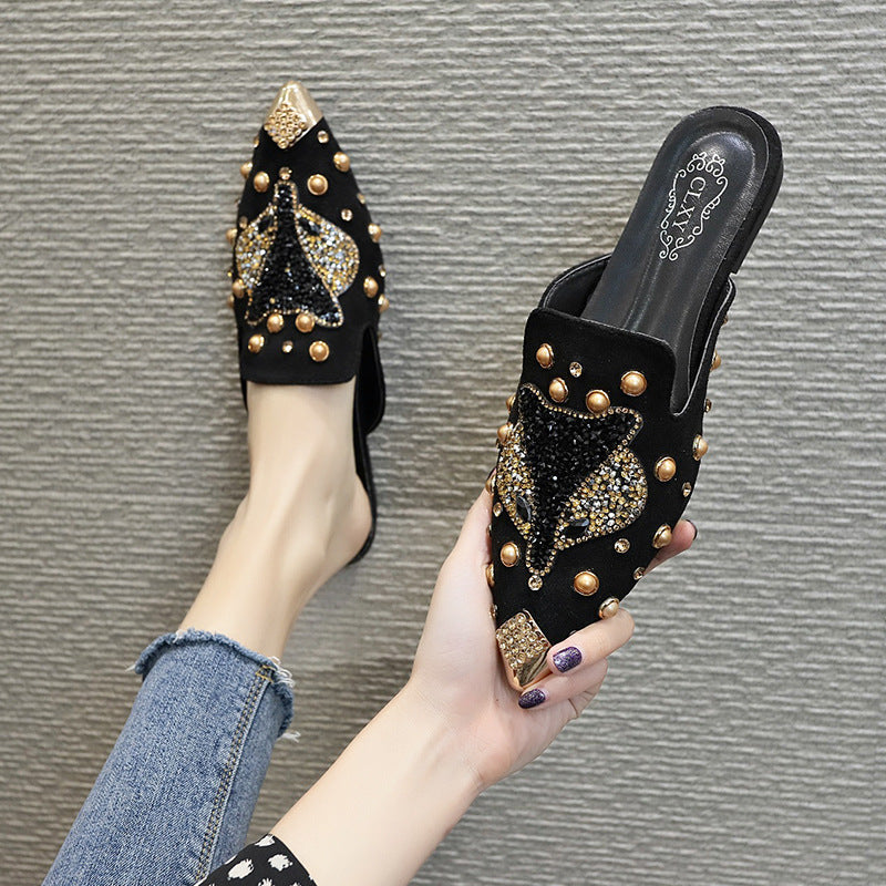 Outer Wear Baotou Half Drag Women'S Shoes Rhinestone All-Match Pointed Flat Shoes