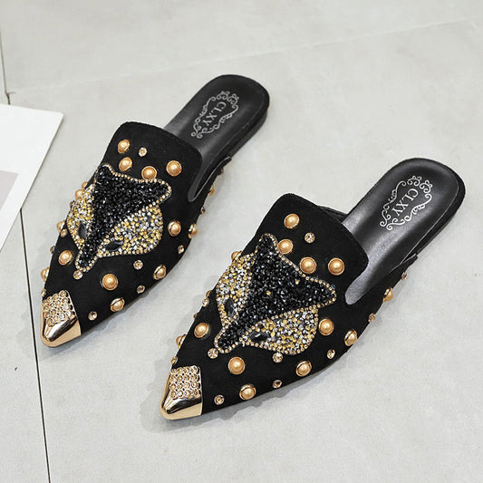 Outer Wear Baotou Half Drag Women'S Shoes Rhinestone All-Match Pointed Flat Shoes