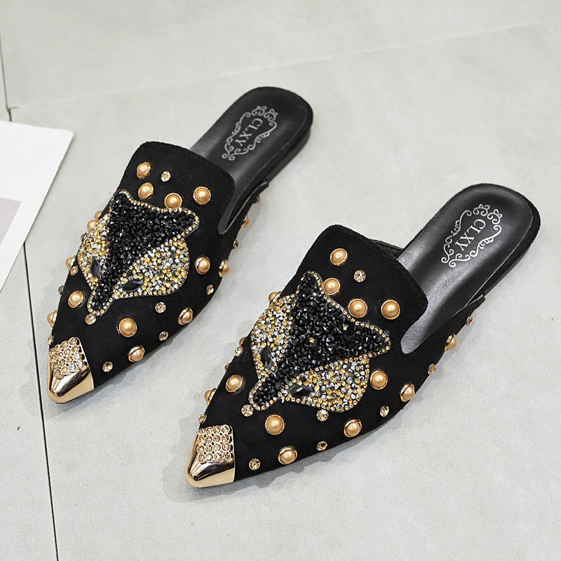 Outer Wear Baotou Half Drag Women'S Shoes Rhinestone All-Match Pointed Flat Shoes