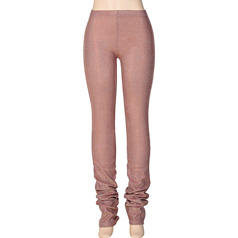 Amazon Hot-Selling Women'S Fashion Casual Bright Silk Tight-Fitting Mid-Waist Pile Pants
