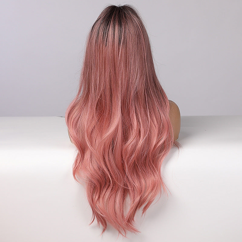 Lotusrod Pink Gradient Langt Krøllet Hår Højtemperatur Silke Syntetisk Hovedbeklædning