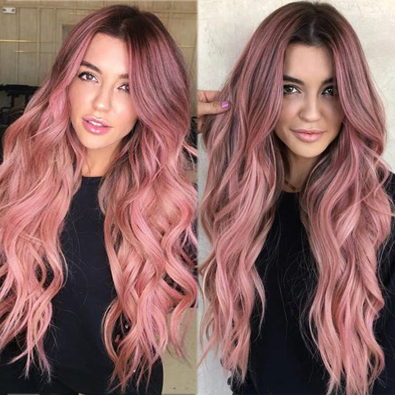 Lotusrod Pink Gradient Langt Krøllet Hår Højtemperatur Silke Syntetisk Hovedbeklædning