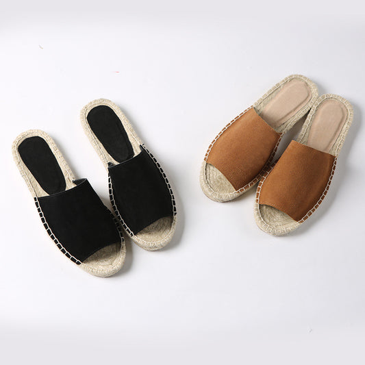 Leather One-Piece Stitch Fisherman'S Straw-Stitched Slippers