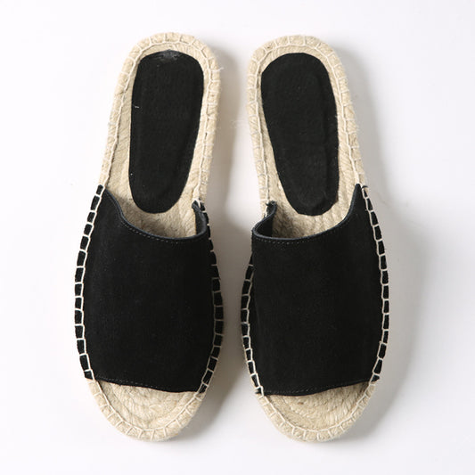 Leather One-Piece Stitch Fisherman'S Straw-Stitched Slippers
