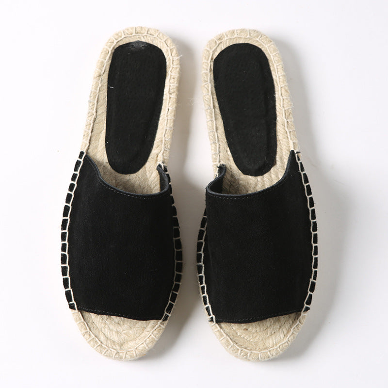 Leather One-Piece Stitch Fisherman'S Straw-Stitched Slippers