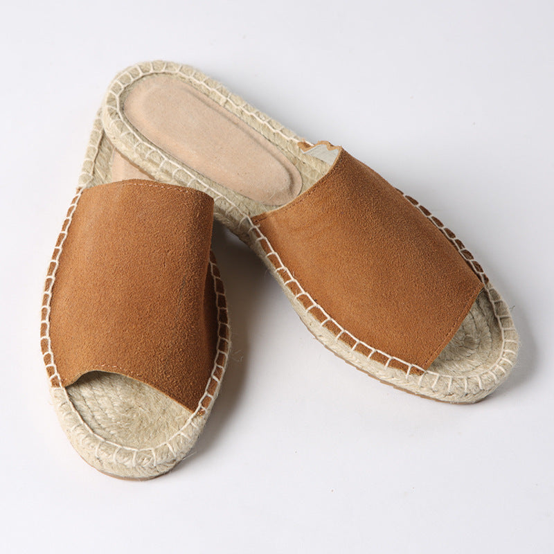 Leather One-Piece Stitch Fisherman'S Straw-Stitched Slippers
