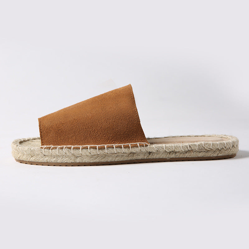 Leather One-Piece Stitch Fisherman'S Straw-Stitched Slippers