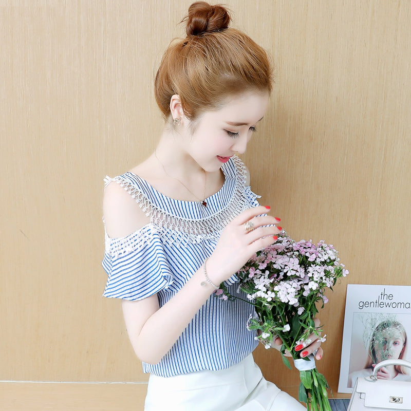 One-Shoulder Off-Shoulder Short-Sleeved Chiffon Top Women'S Clothing