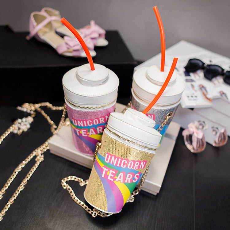 New Women's Bag Rainbow Sequins Symphony Straw Coke Bottle Drink Bag Bucket Bag