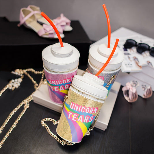 New Women's Bag Rainbow Sequins Symphony Straw Coke Bottle Drink Bag Bucket Bag