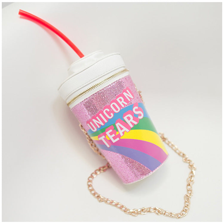 New Women's Bag Rainbow Sequins Symphony Straw Coke Bottle Drink Bag Bucket Bag