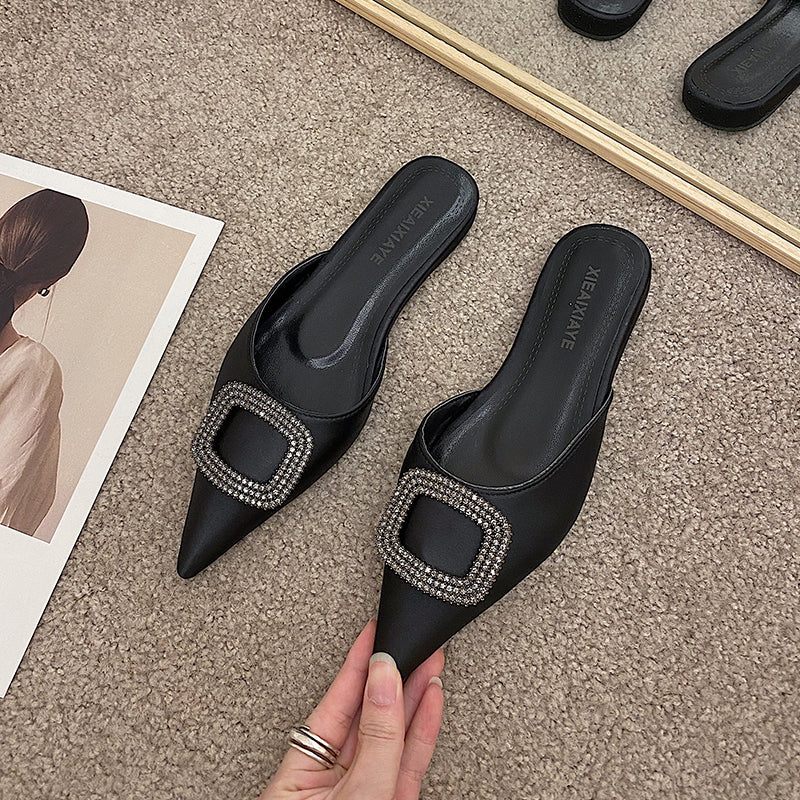 Low-Leeled Half Slippers Women's Fashion Outer Wear Thick-Heel Pointed Sandals With Rhinestones