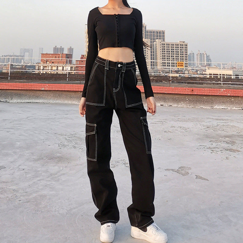 Pocket Contrast Color Loose And Slim Straight-Leg Jeans
