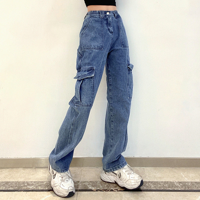 Pocket Contrast Color Loose And Slim Straight-Leg Jeans