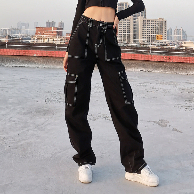 Pocket Contrast Color Loose And Slim Straight-Leg Jeans